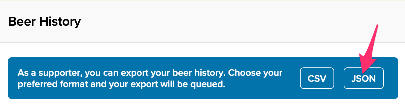 Part of Untappd Checkins page, with JSON export highlighted