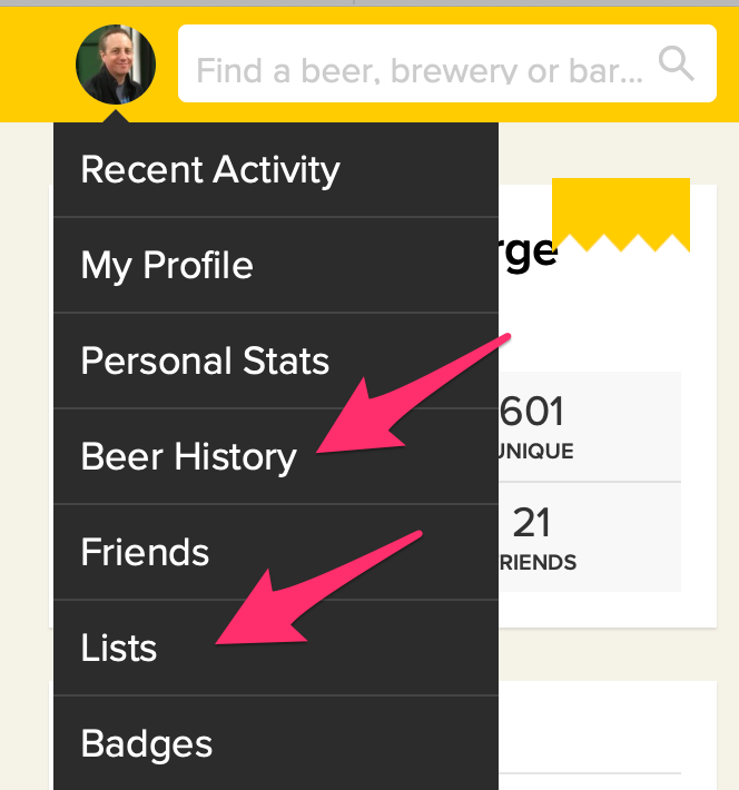 Untappd Profile menu, with Beer History and Lists highlighted