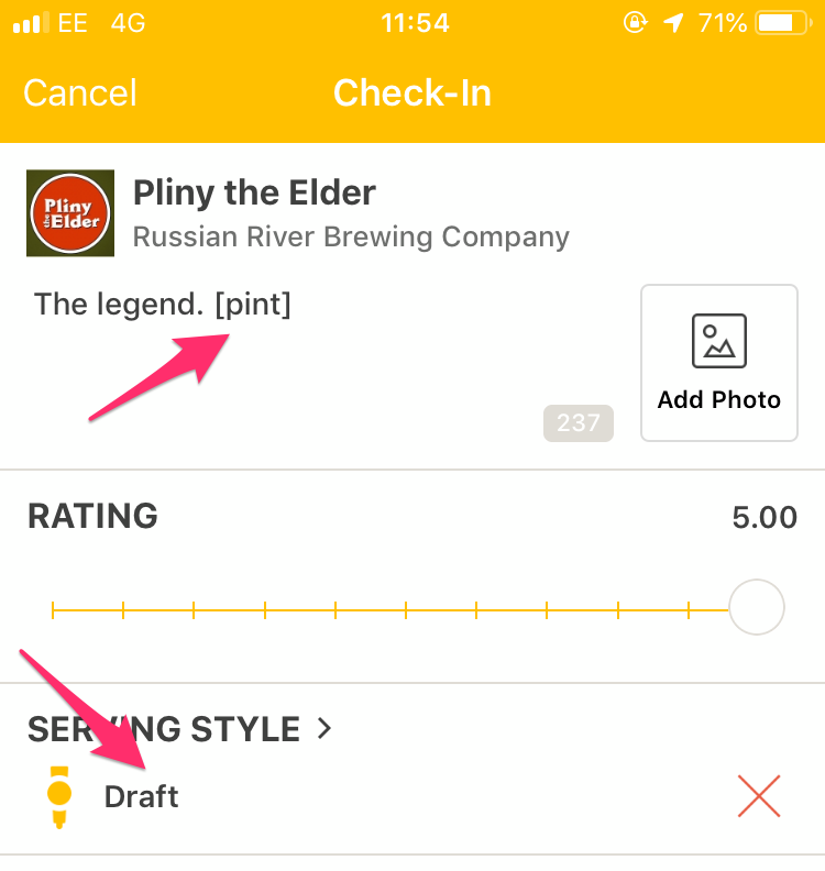 Untappd app checkin screen